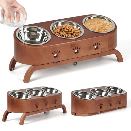 JAZUIHA Katzennapf Erhöht 3er Set, Ergonomischer Fressnapf 15° Neigung, Höhenverstellbar mit Holzständer, Edelstahl-Näpfe Ø12cm für Katzen & Welpen