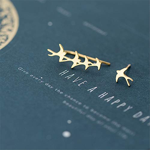 Swallow Bird Sterling Silver Earrings for Women Girls Cute Hummingbird Cuff Wrap Crawler Climber Stud Earrings Asymmetrical Brushed Animal Post Pin Delicate Piercing Ear Jewelry (Gold-Toned)4