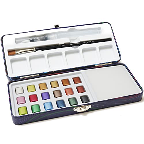 Metallic Watercolor Paints For Beginners - 18 Half-Pan Glitter Watercolor Paint Set With Paintbrush, Water Brush, Mixing Area In A Beautiful Tin Box - Prezioso Portable Watercolor Set By Zenart #TOP1