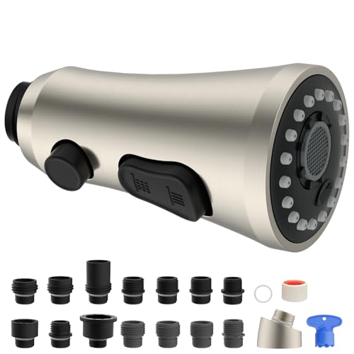 Hygie Rinse Universal Kitchen Faucet Head Replacement - 2.5GPM with 15 Adapter Kit Compatible with Kohler/Moen/Delta Faucet, 3 Function Pull Down Sink Faucet Spray Head, Brushed Nickel