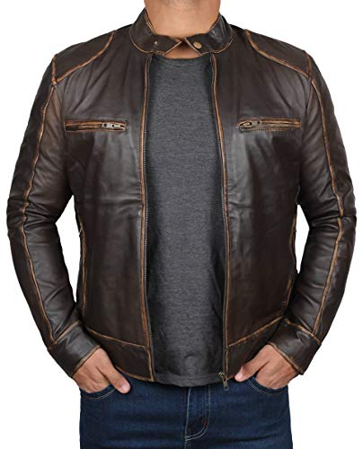 BlingSoul Mens Leather Jacket Brown Biker Outfit | [1100504] Dodge Dark Brown - L