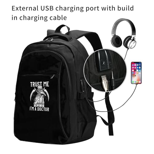 Trust Me I'm A Doctor I Medieval Plague Doctor Travel Backpack, Extra Large 50L Laptop Backpacks for Men Women, College Backpacks Work Bag with USB Charging Port Fits 17 Inch Computer, Black3