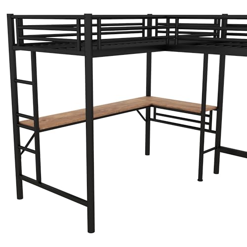 MERITLINE Metal Twin Size L-Shaped Loft Bed, Twin Size Loft Bed Frame with Two Built-in Desks Underneath for Kids Boys Teens, Black - Thumbnail 7