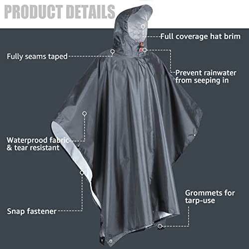 Anyoo Waterproof Rain Poncho Lightweight Reusable Hiking Hooded Coat Jacket For Outdoor Activities(Grey) One Size #TOP2