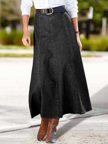 Flamingals A-Line High Rise Vintage Wash Stitch Detail Long Denim Skirt Without Belt4