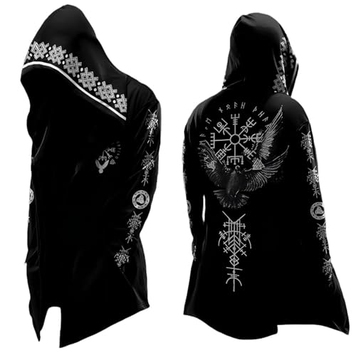 Image of Generisch Viking Hoodie Men's Medium Length Spring Autumn Cardigan Cosplay Costume with Hood 3D Printed Cool Coat Biker Jacket Sweatshirt Sweat Jacket Viking Clothing Men, 01 black, XXXL