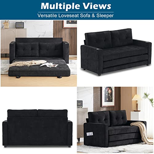 Vingli Upgraded 64" W 84" L Full Size Futon Sofa Bed, 6" Thick Upholstery Chenille Loveseat Sofa Sleeper Pull Out Couch,Convertible Floor Couch For Living Room, Bedroom, Entertainment Room, Black #TOP6