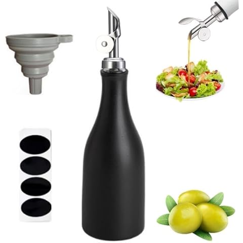 TOWEBOORY Ceramic Olive Oil Dispenser Bottle,10 oz Oli and Vinegar Cruet with Stainless Steel Spout,Opaque Oil Cruet Protects Oil,Oil Dispenser for Kitchen with 4 Labels and 1 Funnel (Black) Cover