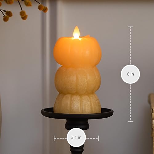 Image of Luminara Chalky Stacked Pumpkins Figural Flameless Flickering Moving Flame LED Candle (3.1 inch x 6 inch), Chalky Finish Real Unscented Wax, Time Function (Golden Husk)
