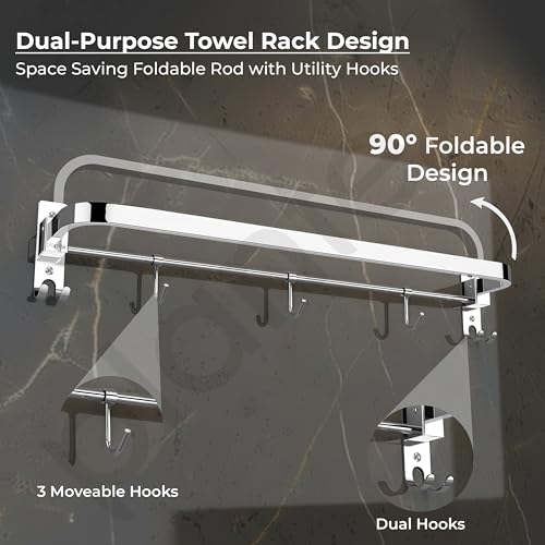 Image of Plantex Stainless Steel Folding 24 Inch Single Towel Rod /Towel Holder for Bathroom with Hooks /Towel Hanger /Towel Stand /Bathroom Accessories - (24 Inch-Chrome)