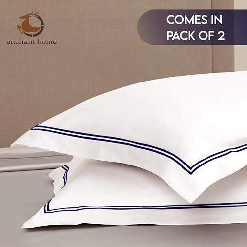 Image of Pure Cotton 500 TC Solid Pillow Cover Set | Greek Embroidered Pillow Cover Set | Percale Weave | 18 X 27 Inches (2, White - Navy Blue)