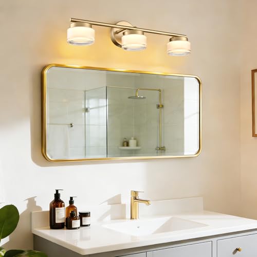 Image of Modern Gold 3-Light LED Bathroom Vanity Light with Acrylic Shade | 3000K Warm White Vintage Vanity Lights, Wall Sconces for Bathroom Bedroom Entryway Living Room