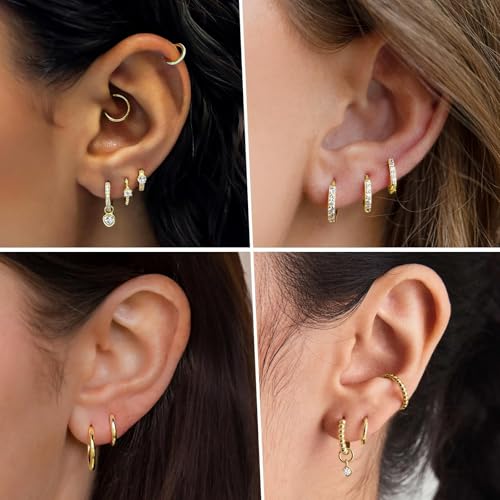 Image of Small Gold Huggie Hoop Earrings Set for Women Men Hypoallergenic 14K Plated Stack Cartilage Earrings, Sterling Silver Multiple Piercing Lightweight Mini Thin Cute Dainty Trendy Jewelry Gifts for Women