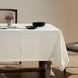 ZeeMart Grid Embroidered Hemmed Tablecloths, Off White 60x104 Inch, Farmhouse Style Heavy Weight Cotton Linen White Tablecloths, Boho Plaid Water Resistant Rectangle Table Cloth
