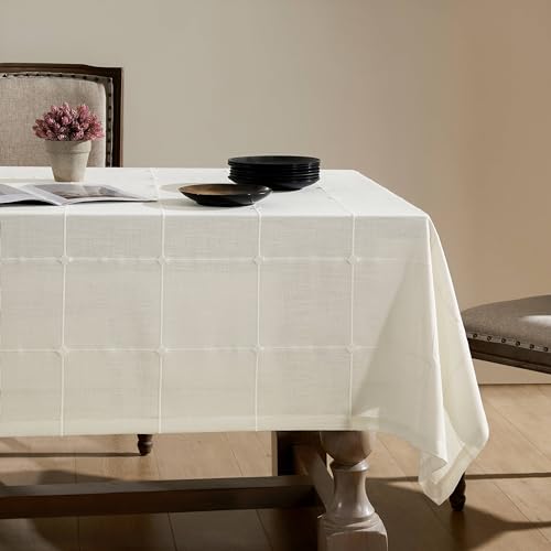 ZeeMart Grid Embroidered Hemmed Tablecloths, Off White 60x60 Inch, Farmhouse Style Heavy Weight Cotton Linen White Tablecloths, Boho Plaid Water Resistant Square Table Cloth by ZeeMart - Used condition - US$13.91