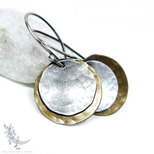 Mixed-Metal-Antiqued-Brass-Sterling-Silver-Earrings-Small-Upcycled-Hammered-Silver-Dangle-Earrings-Rustic-Minimalist-Round-Circle-Boho-Jewelry-Gift