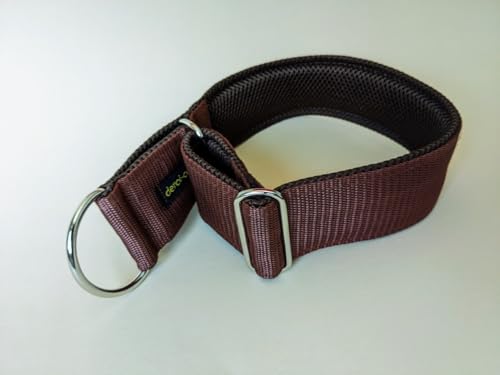 Bequemes Hundehalsband, weiche Polsterung breit 5cm, Zugstopp verstellbar, sicheres Martingale, Stoffhalsband sanft & leicht, braun (messing, bis 52cm Hals- 58cm Kopfumfang)