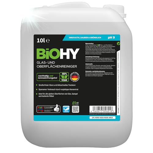 BiOHY Glas- und Oberflächenreiniger (10 Liter Kanister) | Glasreiniger Konzentrat für streifenfreien Glanz | ergiebiger Glas & Kunststoffreiniger | Fettlöser & Kalkreiniger | ideal für Fenster & Küche