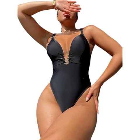 lacfinsien Crisscross Spaghetti Strap Plunge One-Piece Swimsuit, Black Women's One Piece Swimsuit(M) Cover