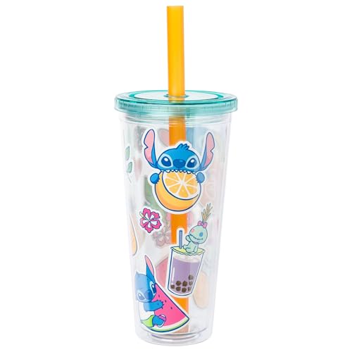 Image of Silver Buffalo Disney Lilo and Stitch Cute Decals Featuring Scrump Plastic Boba Tumbler with Lid and Straw, 24 Ounces