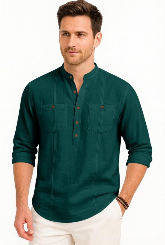 Image of ROYALSCOUT Men's Cotton Polyester Blend Kurta Style Shirt with Mandarin Collar, Half Button Placket, Dual Chest Pockets, Long Sleeve Casual Ethnic Fusion Wear for Office, Festive and Daily Use