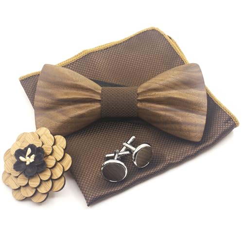 Cyriacus Ensemble Nœud papillon Bois pour Homme Mariage Fête Noeud Papillon,Boutons de Manchette,Mouchoir,Fleur Broche