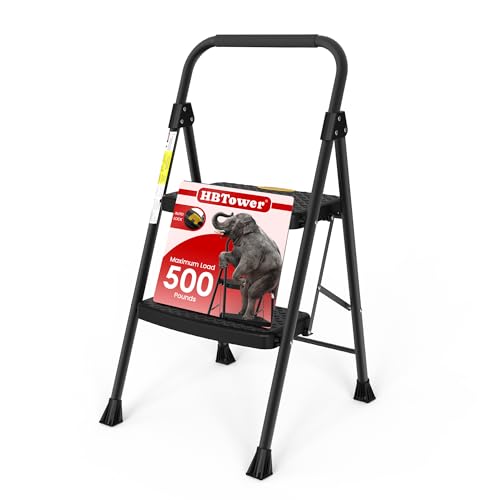 Image of HBtower Step Ladder Sturdy, Heavy Duty Step Stool for Adults | Wide Anti-Slip Pedal Step Ladder Folding Step Stool for Home Kitchen Garage Outdoor (2 Step Ladder)