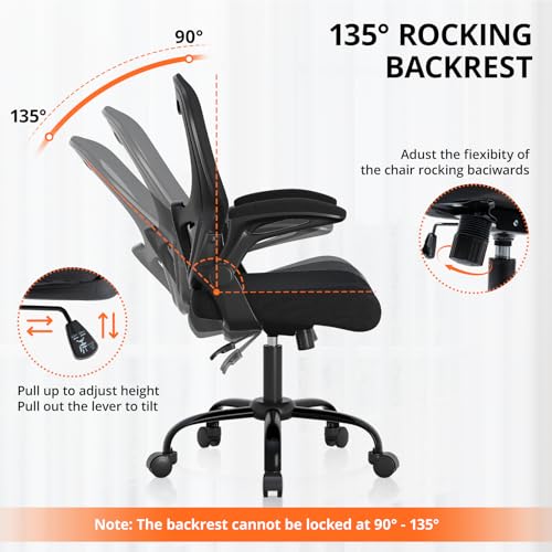 Office Chair, Ergonomic Desk Chair Breathable Mesh Chair with Adjustable High Back Lumbar Support Flip-up Armrests, Long Hours Comfortable Computer Chair for Home Office, Black - Image 5