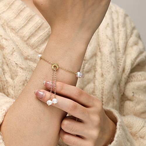 Cowlyn Pearl Bracelet Chain Link Baroque Culture Bossimi 14K Gold Filled Adjustable Fashion Valentine Charm Dainty Handmade Jewelry For Women Wife Girls Mom #TOP5