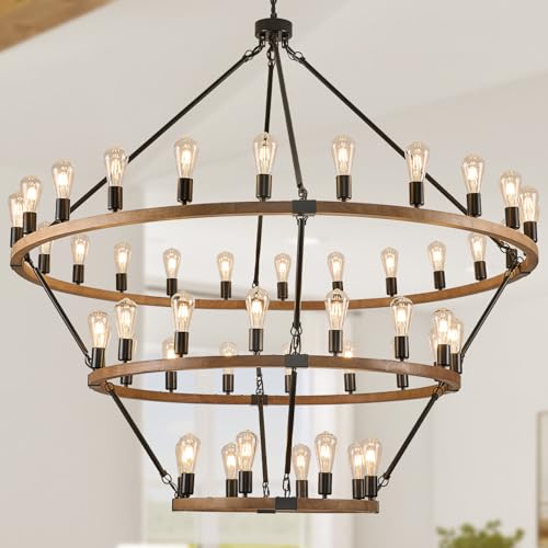 Image of Oak Wooden Wagon Wheel Chandelier 48-Light 63 inch Light Fixture