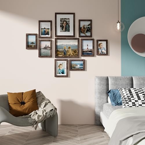 Image of Vittanly 10 Pack Picture Frames Collage Wall Decor, Gallery Wall Frame Set for Wall or Tabletop Display, Engineered Wood and Shatter-resistant Plexiglass, Multi Sizes with 8x10, 5x7, 4x6 Frames, Brown