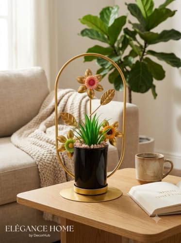 Image of Golden Metal Floral Stand With Artificial Green Plant And Black Ceramic Pot