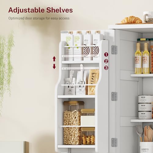Image of TEENFON 51 inch H Pantry Cabinet with 4 Doors, Kitchen Cabinet with 6 Door Shelves, Storage Cabinet for Living Room, Dining Room, Bathroom, White