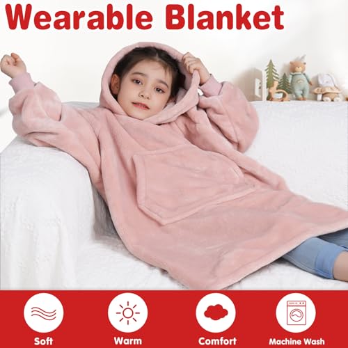 Image of Waitu Wearable Blanket for Kids, Wearable Blanket Hoodie for Teens Girls Boys, Warm Blanket Sweatshirt Gift for Teenage, Hoodie Blanket with Sleeves and Giant Pocket - Pink