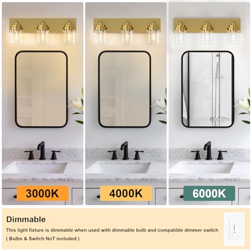 Image of IZORRO Bathroom Vanity Light Fixture, 3-Light 22 Inch Gold Bathroom Light Fixtures Over Mirror, with Clear Glass Shade, Modern Farmhouse Vanity Lights, Rustic Restroom Lighting Fixtures