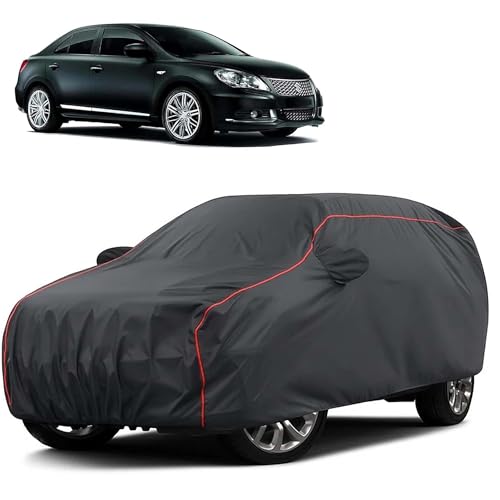 Image of Sulfar 100% Water Resistant Car Body Cover Compatible with Mirror for Maruti Suzuki Kizashi (Triple Stitched, Full Bottom Elastic, Dark Grey Taffeta with Red Piping)