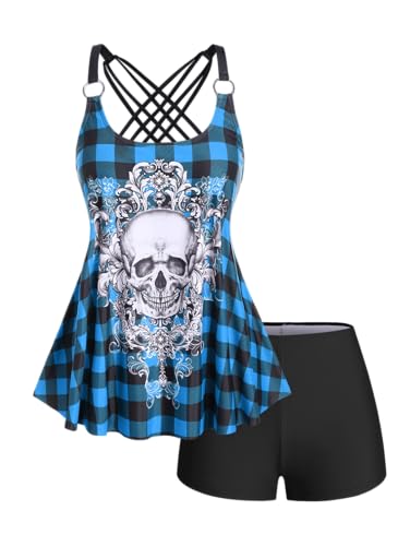 Rosegal Womens Plus Size Gothic Skull Plaid Padded Boyleg Strappy Modest Tankini Swimsuit Set