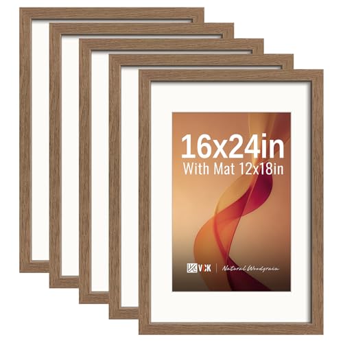 Image of VCK 16x24 Picture Frame 5 Pack, Walnut Exclusive Wood, 12x18 Mat, for Print