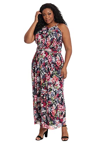 Image of London Times Women's London Times Mesh Halter Maxi Dress with Ruched Waistband Flowy Bohemian Beach Dresses