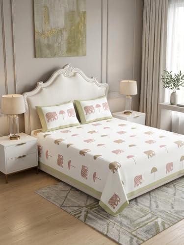 Image of DE CAMA Since 1997 | 100% Cotton 300 TC Premium King Size Bedsheet for Double Bed (108 x 108 Inch) with 2 Pillow Covers Set (17 x 27 Inch) | Traditional Jaipuri Printed Set - White & Pistachio