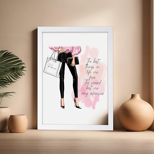 Image of Poster Master The Best Thing In Life Are Free Poster - Fashion Print - Trendy Art - Modern Art - Gift for Women & Fashionista - Funny Glamour Decor for Bedroom or Girl's Room, 16x20 White Framed