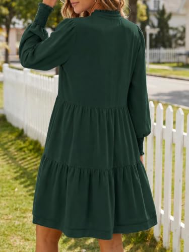 Image of Imily Bela Womens Fall Long Sleeve Tunic Dress Casual V Neck Tiered Dress | Loose,Swing,A-Line,Ruffled Collar,Puff Balloon Sleeve,Smocked Elastic Cuffs,Tiered Layered Ruffle Hem,Babydoll,Loose,Mini