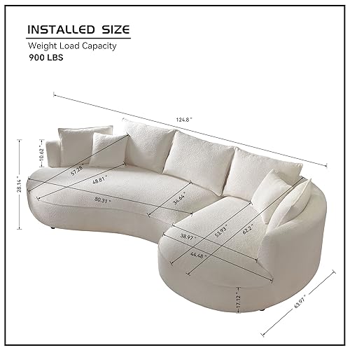 Image of KEIKI 129 inch Luxury Curved Boucle Sectional Sofa with Right Chaise, Upholstered Modern Style Oversized 5-Seater Couch with Thickened Seat Cushions, Easy Assembly, for Apartment, Living Room, White
