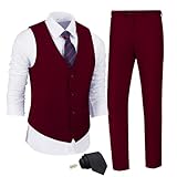 Picture of JPF Mens Formal Suit Vest Pants Set Burgundy Suits for Men Slim Fit 2 Piece Suit with Tie Prom Tuxedos Groomsmen Suits for Wedding XS