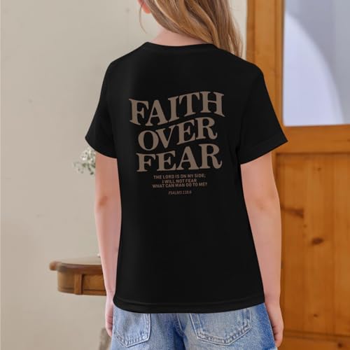 Image of Faith Over Fear Shirt Christian Jesus Tshirts for Girls Religious Inspirational Tees Bible Verse Tops for Kids 3-12