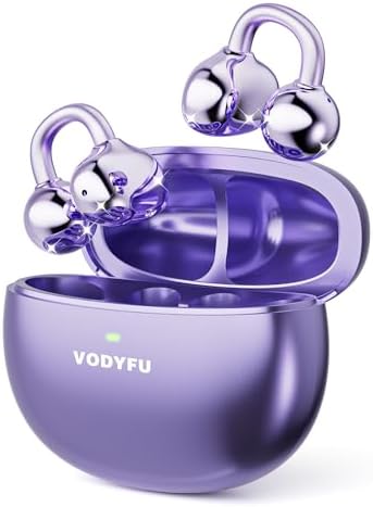 Clip on Earbuds Open Ear Earbuds Wireless Headphones with Mic,66H Play Bluetooth 5.4 Bone Conduction Headphones,Noise Cancelling,IPX5 Waterproof,Secure Fit for Small Ears,Purple