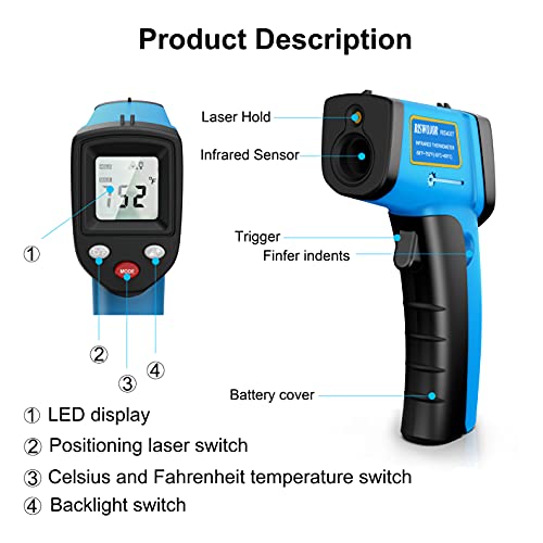 Riswojor Infrared Thermometer Cooking Digital Temperature Gun，Adjustable Emissivity &Max/Min/At/Cal Temp Gun; -58°F~752°F(-50°C～400°C) Ir Laser Thermometer Gun For Industrial,Kitchen/Ovens/Grill #TOP4