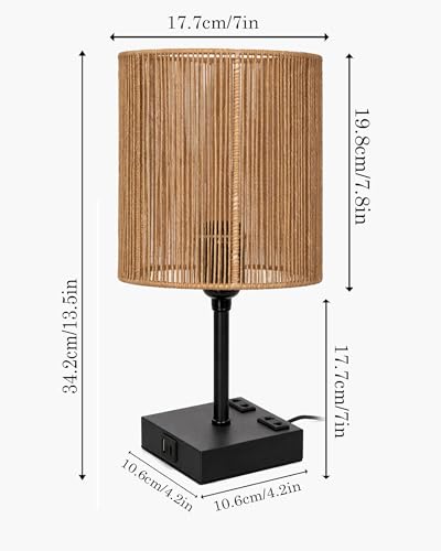 Image of Homesake Touch Table Lamp with USB A + Type C Charging Ports Dual AC Outlets, Touch Control, Medium Size, Bulb Included Night Stand, Bedside Desk Light Bedroom Living Room Office, (Raffia Rectangle)