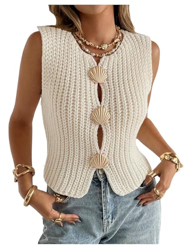 MakeMeChic Women's Boho Tops Lightweight Sweater Vest Seashell Metal Button Sleeveless Crochet Knitted Tank Tops
