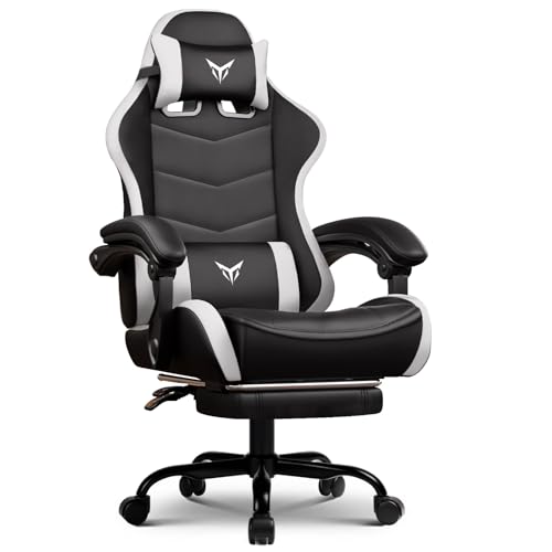 Image of GTPLAYER Gaming Chair High Back Computer Chairs with Foot Rest for Adults, Ergonomic Height Adjustable Recliner Chair 300lbs with Linkage Armrest and Lumbar Support for Home Office, White